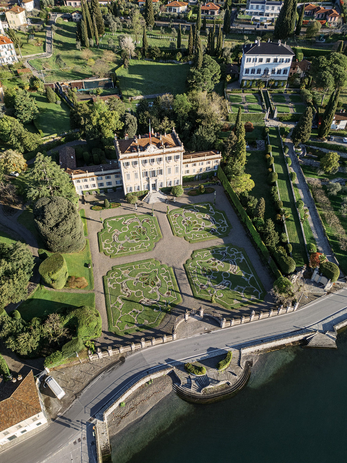 Ariel view of Villa Sola Cabiati on Lake Como in Tremezzo Italy